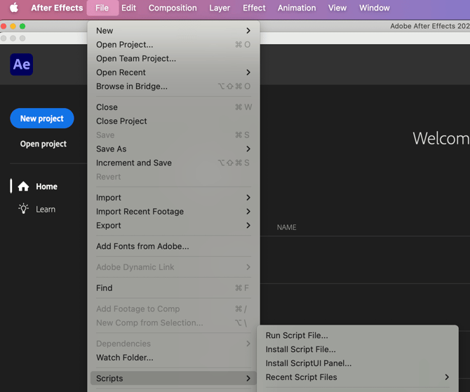 The After Effects File menu to Run a Script File