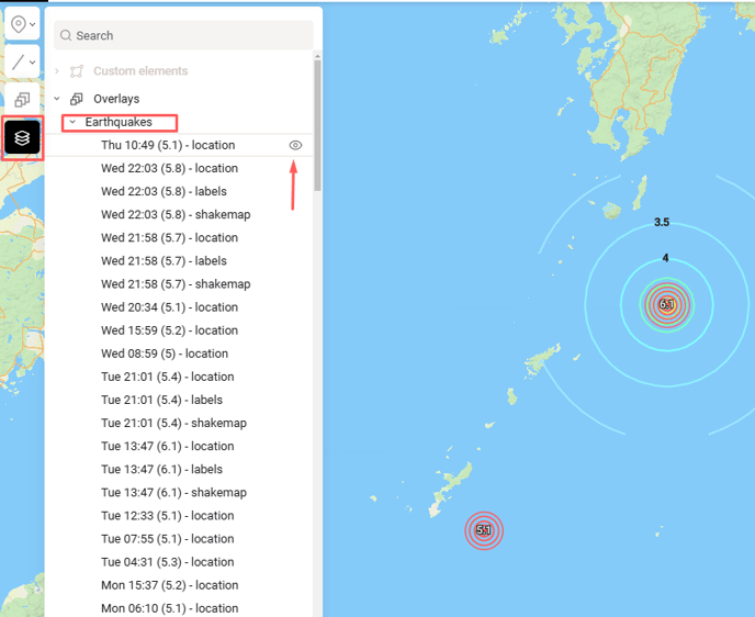 Earthquakes in layers mapcreator next