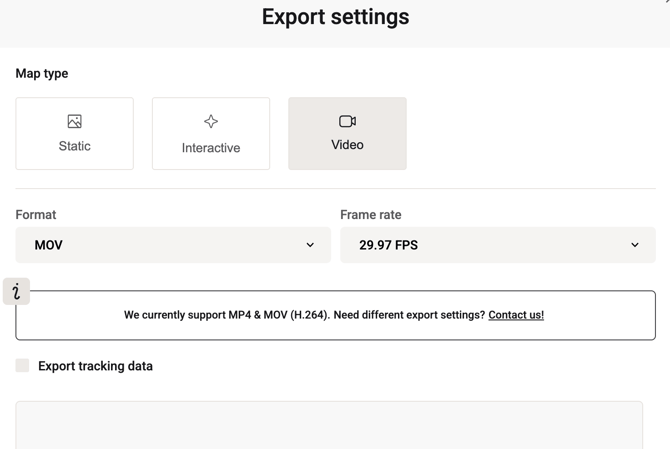Mapcreator's video export menu where the checkmark for Export tracking data can be activated to download the additional After Effects script file