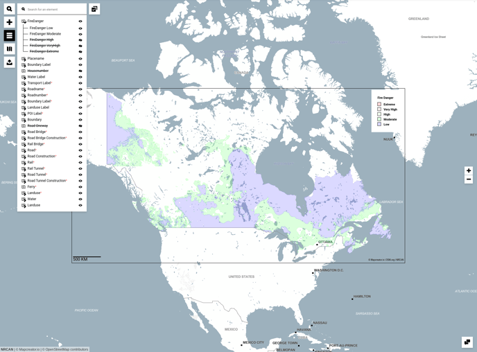Fire danger data layer element list display selection