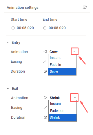 entry exit animation settings
